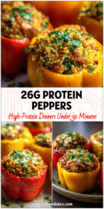 Colorful Turkey and Quinoa Stuffed Peppers topped with herbs, a Really Healthy Meal and Delicious Quinoa Recipe.